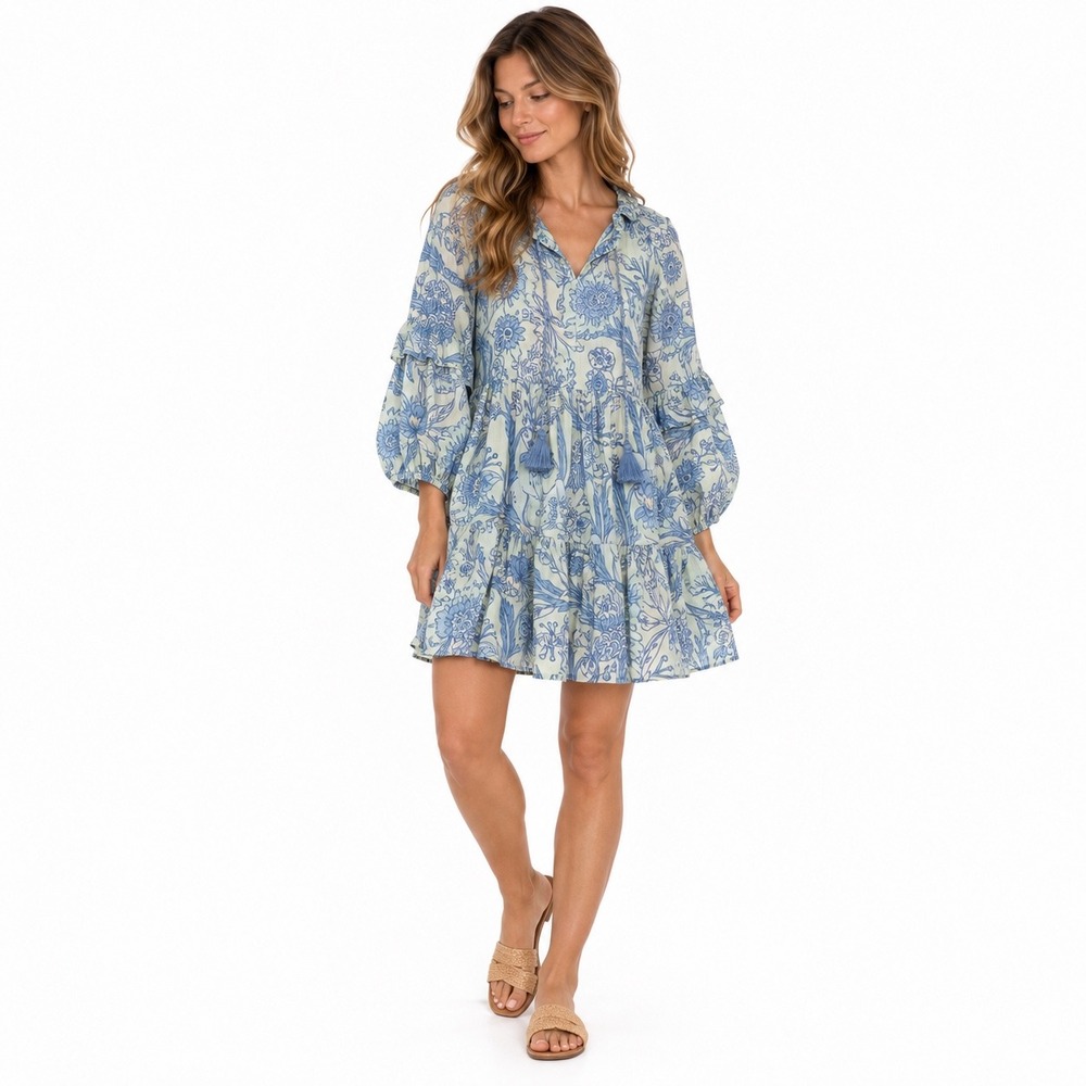 Mulberry & King Blue Botanical Floral Tiered Mini Dress Puff Sleeve M Boho